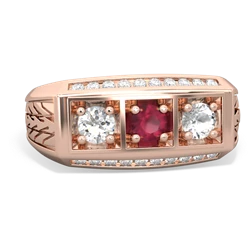 Ruby Three Stone Tire Tread Men's 14K Rose Gold ring R0520