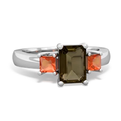 Smoky Quartz Three Stone Emerald-Cut Trellis 14K White Gold ring R4021