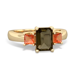 Smoky Quartz Three Stone Emerald-Cut Trellis 14K Yellow Gold ring R4021