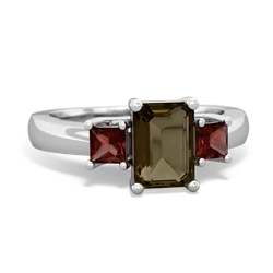 Smoky Quartz Three Stone Emerald-Cut Trellis 14K White Gold ring R4021