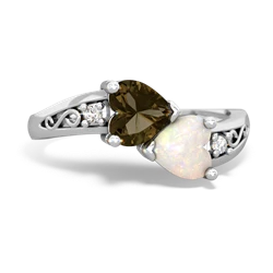 Smoky Quartz Snuggling Hearts 14K White Gold ring R2178