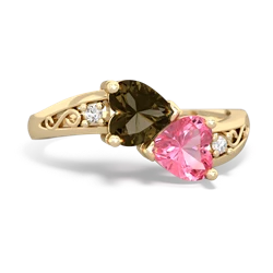 Smoky Quartz Snuggling Hearts 14K Yellow Gold ring R2178