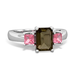 Smoky Quartz Three Stone Emerald-Cut Trellis 14K White Gold ring R4021