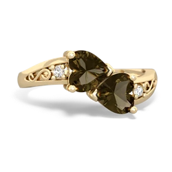 Smoky Quartz Snuggling Hearts 14K Yellow Gold ring R2178