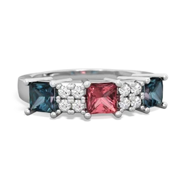 Pink Tourmaline Three Stone Diamond Cluster 14K White Gold ring R2592