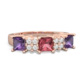 Pink Tourmaline Three Stone Diamond Cluster 14K Rose Gold ring R2592