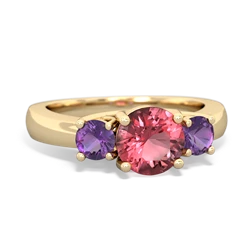 Pink Tourmaline Three Stone Round Trellis 14K Yellow Gold ring R4018