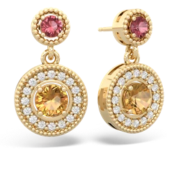 Pink Tourmaline Halo Dangle 14K Yellow Gold earrings E5319