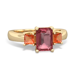 Pink Tourmaline Three Stone Emerald-Cut Trellis 14K Yellow Gold ring R4021