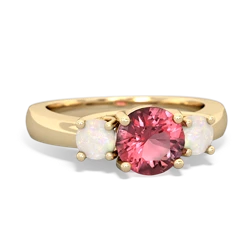 Pink Tourmaline Three Stone Round Trellis 14K Yellow Gold ring R4018