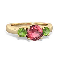 Pink Tourmaline Three Stone Round Trellis 14K Yellow Gold ring R4018