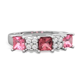 Pink Tourmaline Three Stone Diamond Cluster 14K White Gold ring R2592