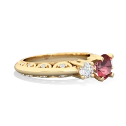 Pink Tourmaline Art Deco Diamond 6Mm Round Engagment 14K Yellow Gold ring R2003