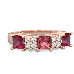 Pink Tourmaline Three Stone Diamond Cluster 14K Rose Gold ring R2592