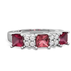 Pink Tourmaline Three Stone Diamond Cluster 14K White Gold ring R2592