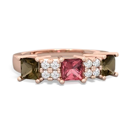 Pink Tourmaline Three Stone Diamond Cluster 14K Rose Gold ring R2592