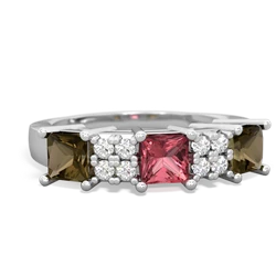 Pink Tourmaline Three Stone Diamond Cluster 14K White Gold ring R2592