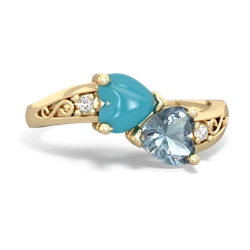 Turquoise Snuggling Hearts 14K Yellow Gold ring R2178