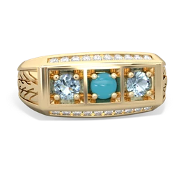 Turquoise Three Stone Tire Tread Men's 14K Yellow Gold ring R0520