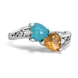 Turquoise Snuggling Hearts 14K White Gold ring R2178