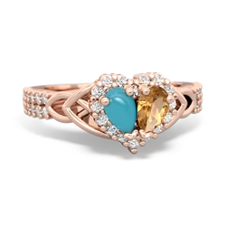 Turquoise Celtic Knot Two Hearts As One 14K Rose Gold ring R2644HRT