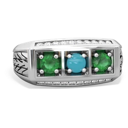 Turquoise Three Stone Tire Tread Men's 14K White Gold ring R0520