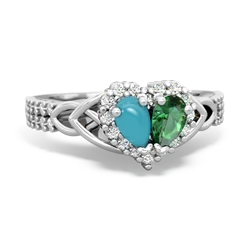 Turquoise Celtic Knot Two Hearts As One 14K White Gold ring R2644HRT