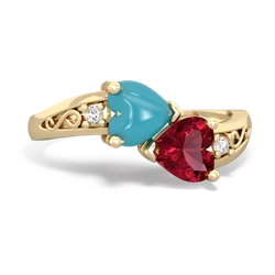 Turquoise Snuggling Hearts 14K Yellow Gold ring R2178