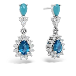 Turquoise Halo Pear Dangle 14K White Gold earrings E1882