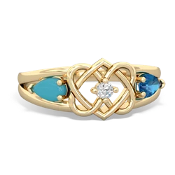 Turquoise Hearts Intertwined 14K Yellow Gold ring R5880