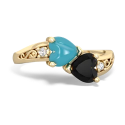 Turquoise Snuggling Hearts 14K Yellow Gold ring R2178