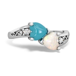 Turquoise Snuggling Hearts 14K White Gold ring R2178