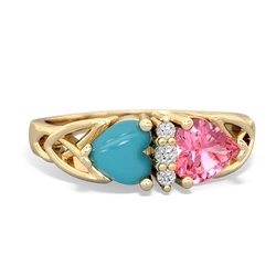 Turquoise Celtic Knot Double Heart 14K Yellow Gold ring R5040