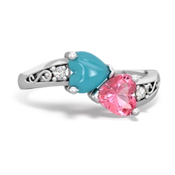 Turquoise Snuggling Hearts 14K White Gold ring R2178