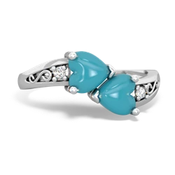 Turquoise Snuggling Hearts 14K White Gold ring R2178