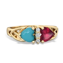 Turquoise Celtic Knot Double Heart 14K Yellow Gold ring R5040