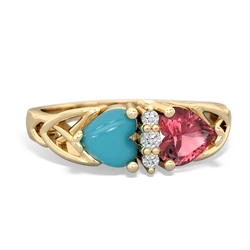 Turquoise Celtic Knot Double Heart 14K Yellow Gold ring R5040