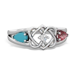 Turquoise Hearts Intertwined 14K White Gold ring R5880