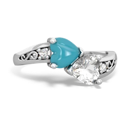 Turquoise Snuggling Hearts 14K White Gold ring R2178