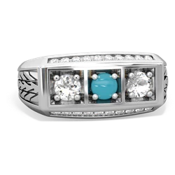 Turquoise Three Stone Tire Tread Men's 14K White Gold ring R0520